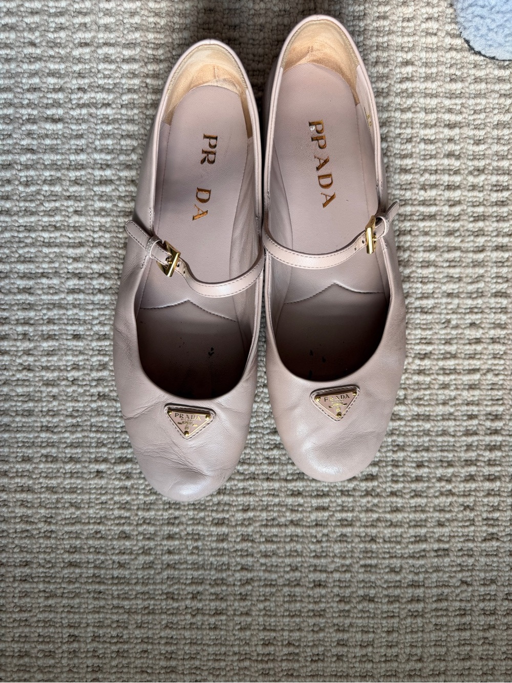 Prada Nude Pink Nappa Leather Mary Jane Ballerinas with Gold Logo - Picture 4 of 4